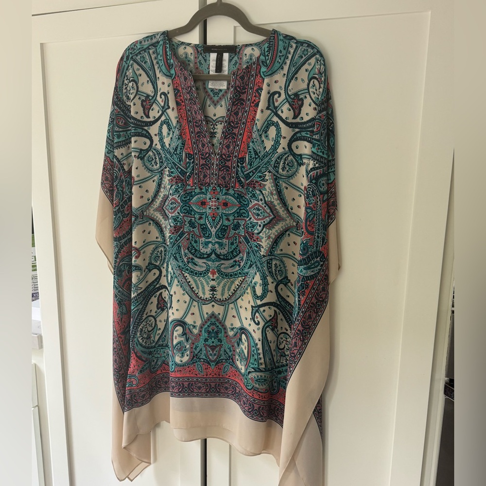 BCBG Maxazria tunic top / mini dress XS 4-6 turquoise & coral kimono sleeves